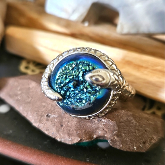 Amazing Vintage Sterling Silver Druzy Snake Ring - Picture 1 of 9